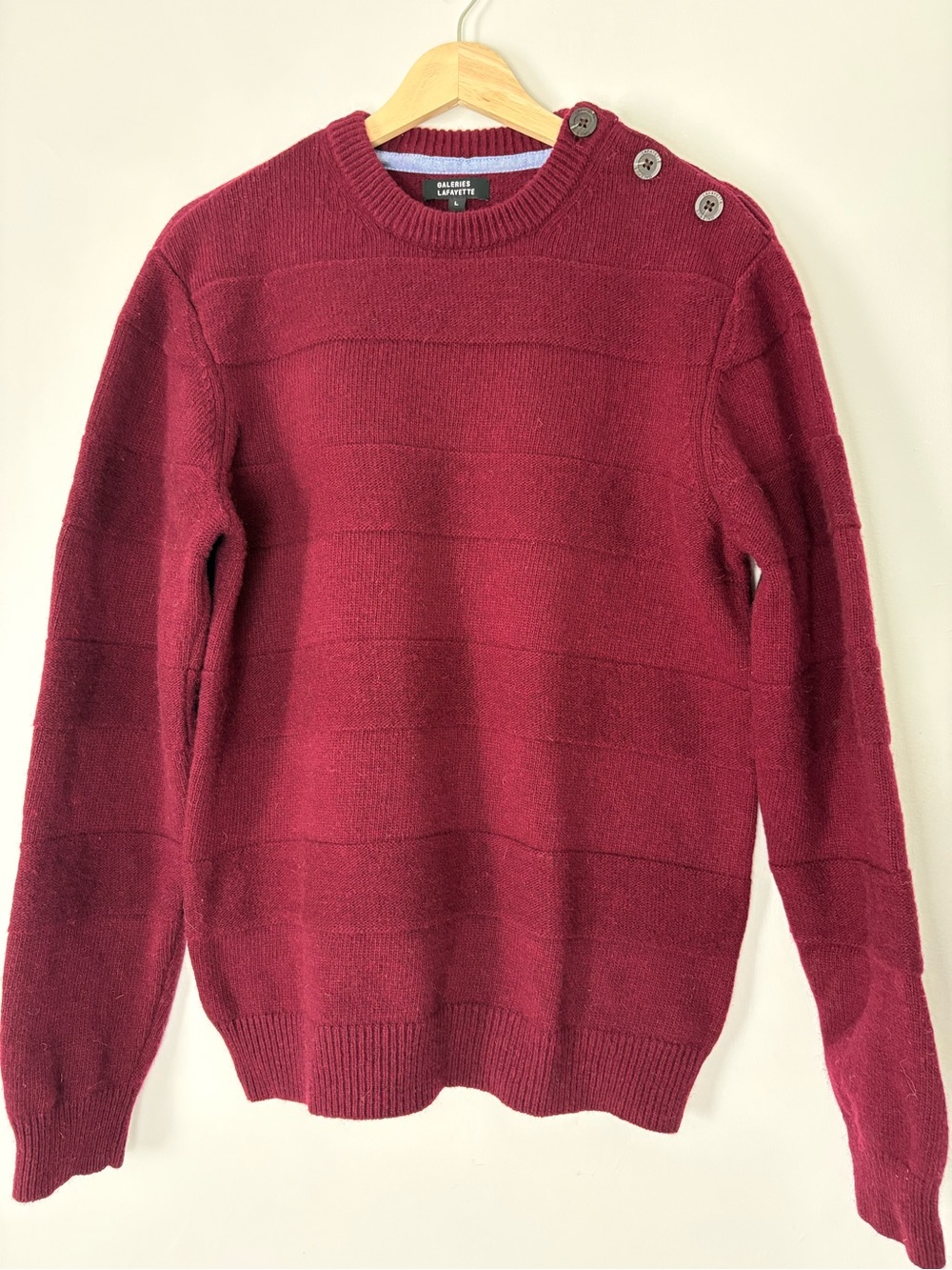 Galeries Lafayette Burgundy Wool Blend Sweater Size L Shoulder Button Detail